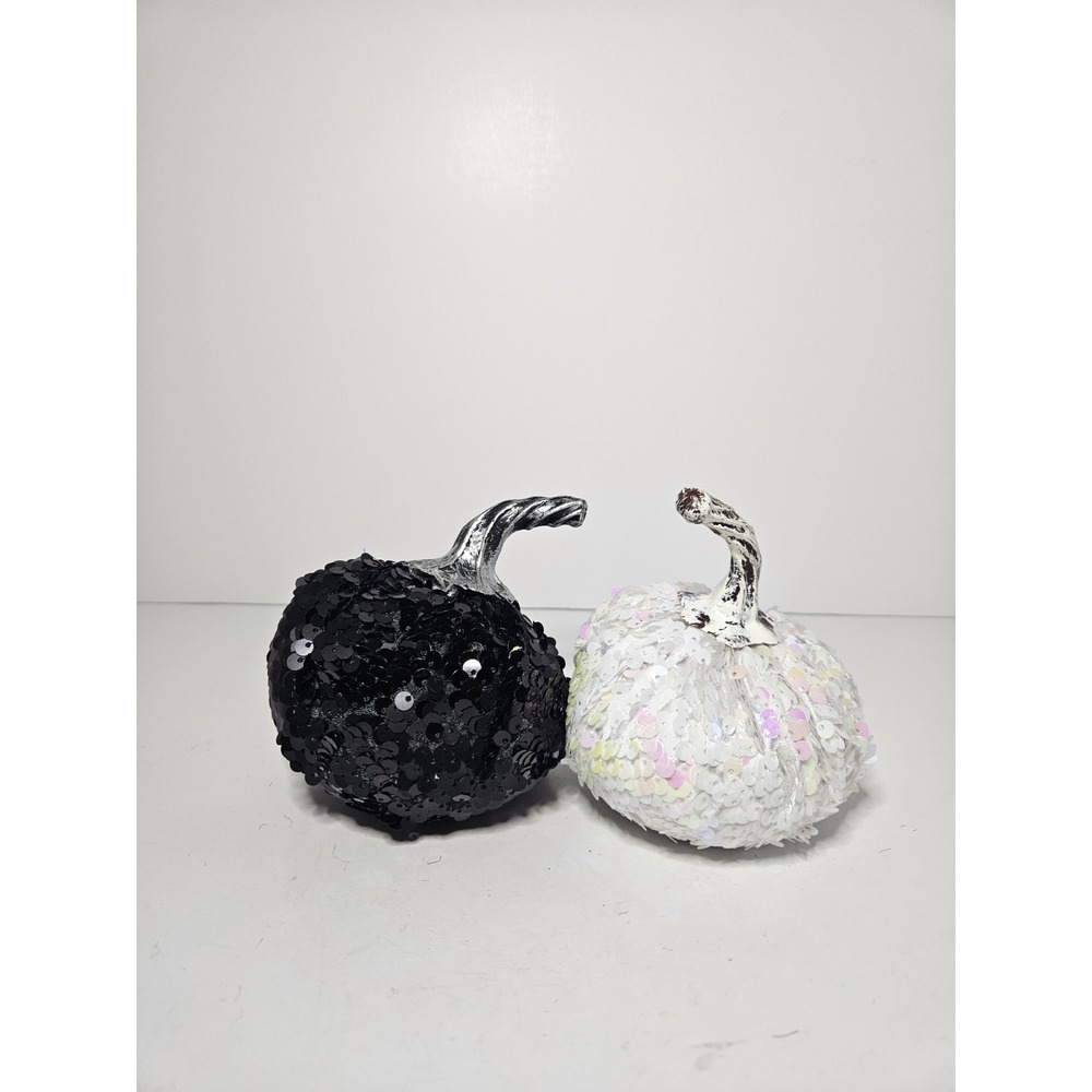 Sequin Pumpkins Black White Halloween Fall Decor Sparkly Foam 4"x4" Set Of 2